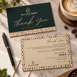 Cartão De Agradecimento Loja de Café Bege e Verde Script & Grão de Café