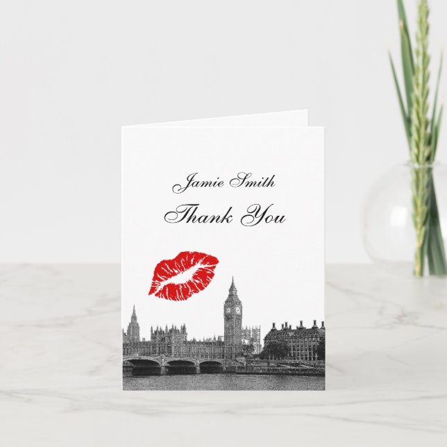 Cartão De Agradecimento Londres Inglaterra Skyline Kiss #1 BW Obrigado (Frente)