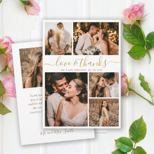 Cartão De Agradecimento Love and Thanks Gold Script Photo Collage Wedding