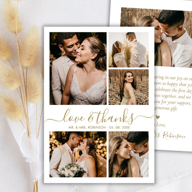 Cartão De Agradecimento Love and Thanks Gold Script Photo Collage Wedding (Criador carregado)