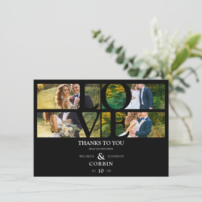 Cartão De Agradecimento Love Quote Black Trendy Collage Wedding 4 Photos (Em pé/Frente)