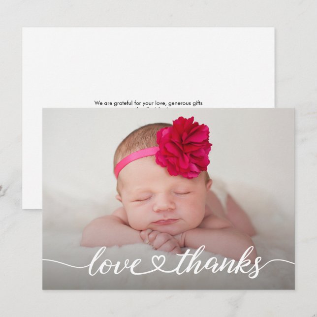 Cartão De Agradecimento Love & Thanks Heart script Newborn Photo Baby Girl (Frente/Verso)
