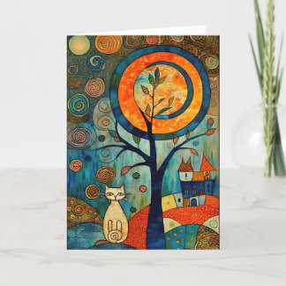 Cartão De Agradecimento Lua abstrato: Gato Whimsical em Estilo Românico
