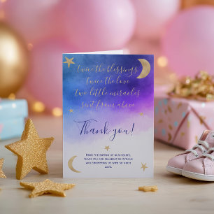 Cartão De Agradecimento Lua dourada estrelas rosa aguarela gêmeos baby sho