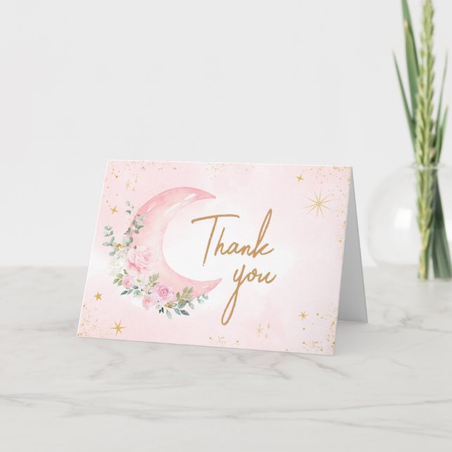 Cartão De Agradecimento Lua rosa e Chá de fraldas de estrelas (Frente)