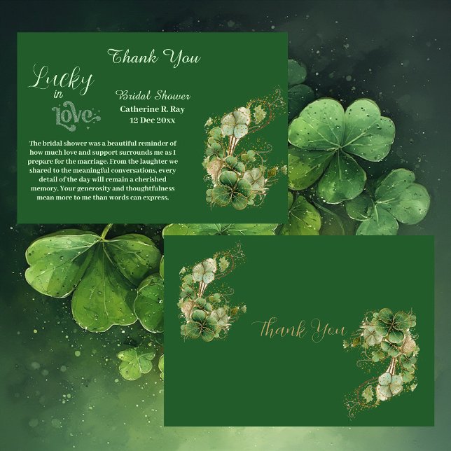Cartão De Agradecimento  Lucky in Love Golden Green Shamrock Bridal Shower (Lucky in Love Golden Green Shamrock Bridal Shower Thank You Card)