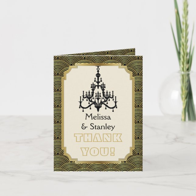 Cartão De Agradecimento Lustre Art Déco preto, obrigado casamento dourado (Frente)