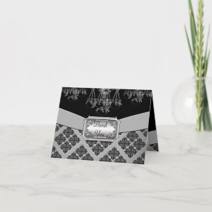 Cartão De Agradecimento Lustre de Casamento Prateado e Preto Ornamentado