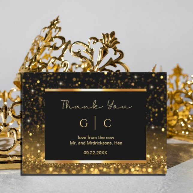 Cartão De Agradecimento Luxo Moderno Dourado Com Brilhos Pretos (#zazzlemade #thankyoucard #thankyoucardgold #gold and black #christmas #holiday,)