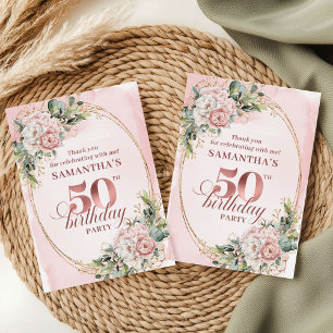 Cartão De Agradecimento Luxo Rosa Dourado Floral Verde 50º Aniversário 