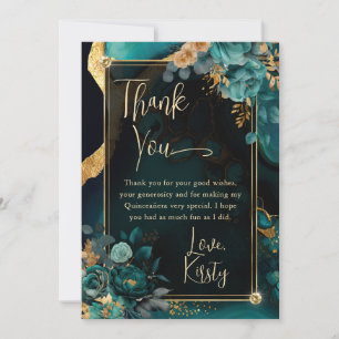 Cartão De Agradecimento Luxuoso Teal e Floral Dourado Agata Quinceanera