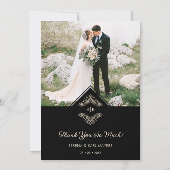 Cartão De Agradecimento Luxurious Gold Ornamental Flourish Photo in Black (Frente)