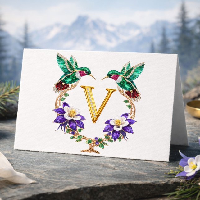 Cartão De Agradecimento Luxury Jeweled Hummingbird Monogram V Wedding Than (Criador carregado)