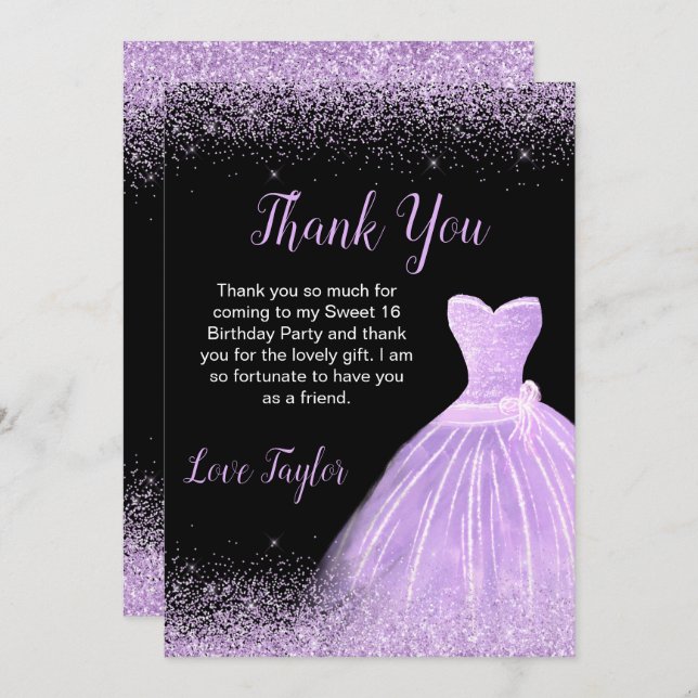 Cartão De Agradecimento Luz Roxo Faux Glitter Sweet 16 Aniversário (Frente/Verso)