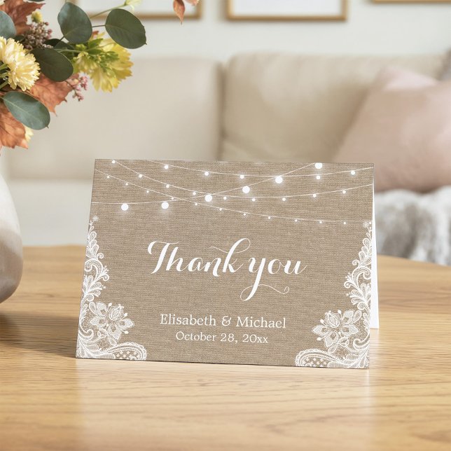 Cartão De Agradecimento Luzes de Corda de Sarjacia Rústica Renda Casamento (Criador carregado)