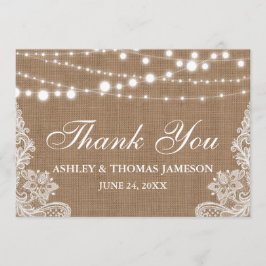 Cartão De Agradecimento Luzes de Corda Rustic Wedlap Lace Muito Obrigado
