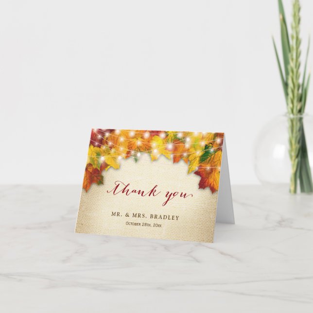 Cartão De Agradecimento Luzes de Cordão de Folhas de Outono Rústicas Obrig (Frente)
