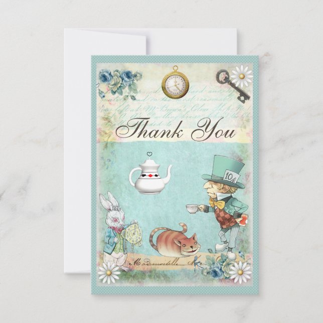 Cartão De Agradecimento Mad Hatter Wonderland Tea Party Obrigado (Frente)