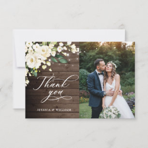 Cartão De Agradecimento Madeira e Rosas Brancas Foto Floral Lanterna