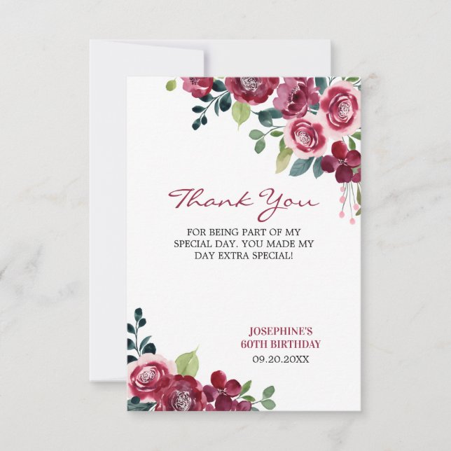 Cartão De Agradecimento Magenta Pink Rose Floral Greenery Birthday (Frente)