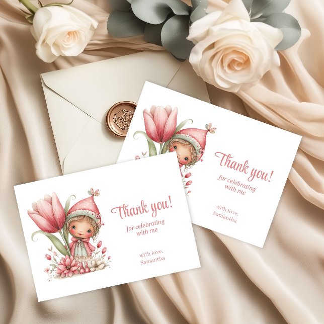 Cartão De Agradecimento Magical Pink Fairy Blush Flowers 6th Birthday   (Magical Pink Fairy Blush Flowers 6th Birthday Thank You Card)