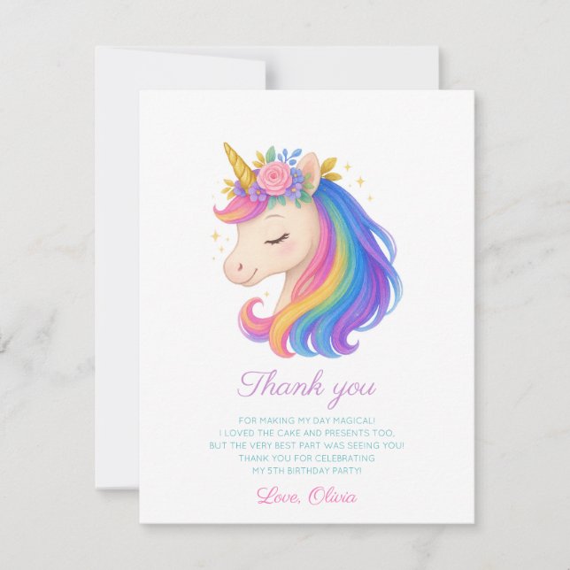 Cartão De Agradecimento Magical Rainbow Unicorn Thank You Card (Frente)