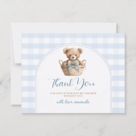 Cartão De Agradecimento Mal podemos esperar Blue Gingham Bear Baby Shower