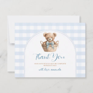 Cartão De Agradecimento Mal podemos esperar Blue Gingham Bear Baby Shower