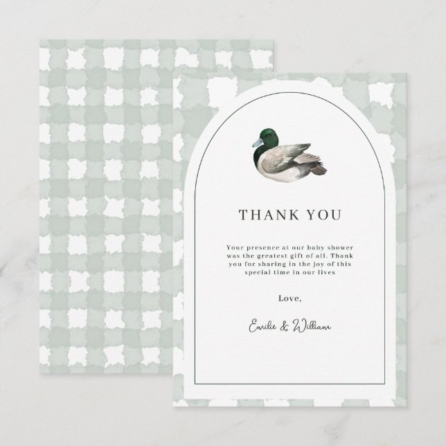 Cartão De Agradecimento Mallard Duck Baby Shower Gender Neutral Green (Frente/Verso)