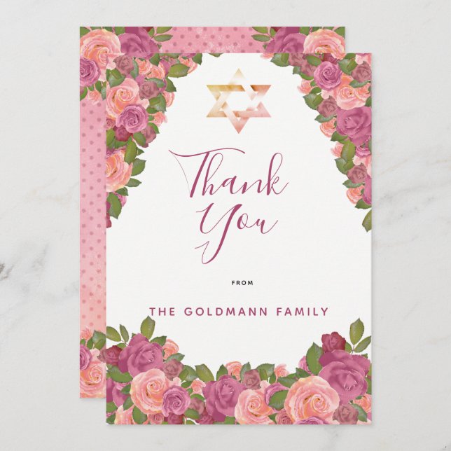 Cartão De Agradecimento Malva | Blush Pink Watercolor Bat Mitzvah (Frente/Verso)