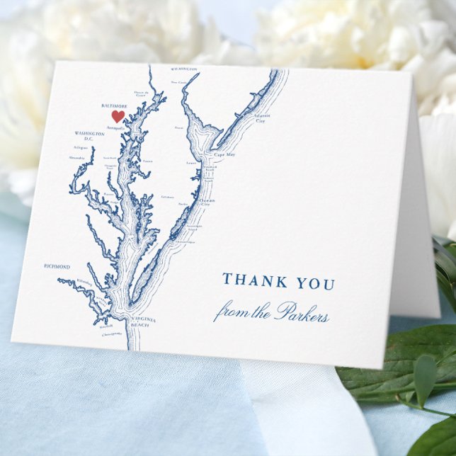 Cartão De Agradecimento Mapa Azul Marinha de Baltimore Maryland Personaliz (Baltimore Personalized Wedding thank you card in elegant navy blue from Coastal Map Designs)