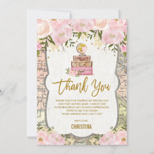 Cartão De Agradecimento Mapa de Viagem Floral em Ouro Rosa para Chá de Noi