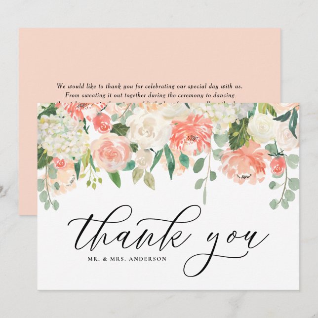 Cartão De Agradecimento Marfim e Peônia em Aquarela Rosa e Hortênsia (Frente/Verso)
