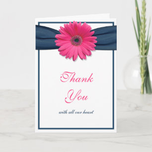 Cartão De Agradecimento Margarida Gerbera Rosa Fita Azul-Marinho Casamento