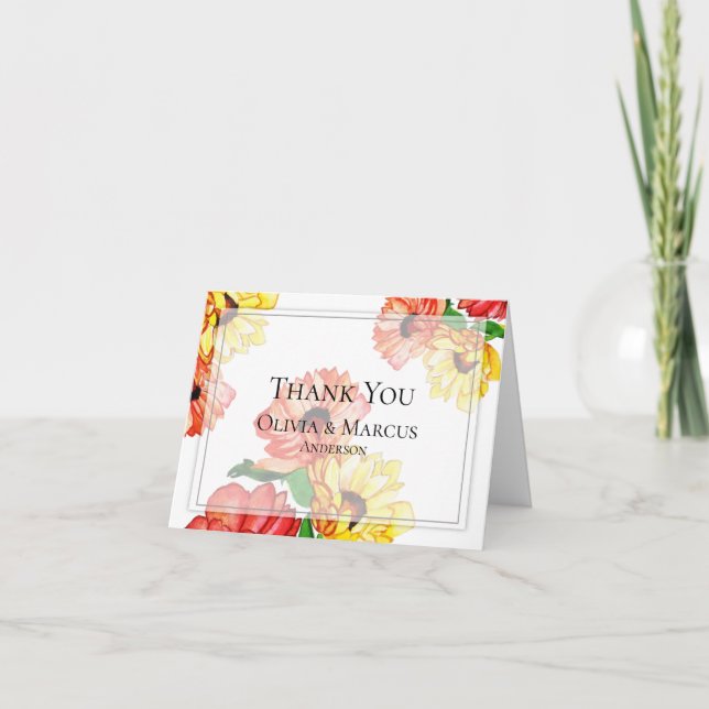 Cartão De Agradecimento Margaridas Vermelhas e Amarelas em Destaque (Frente)