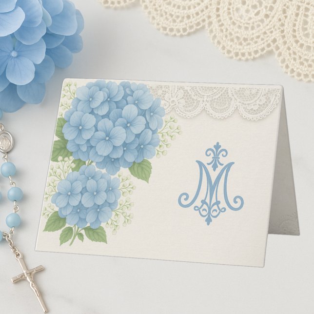 Cartão De Agradecimento Marian Blue Hydrangea e Lace Católico Notecard (Criador carregado)