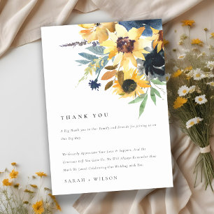 Cartão De Agradecimento Marinho Amarelo Girassóis Watercolor Casamento Flo
