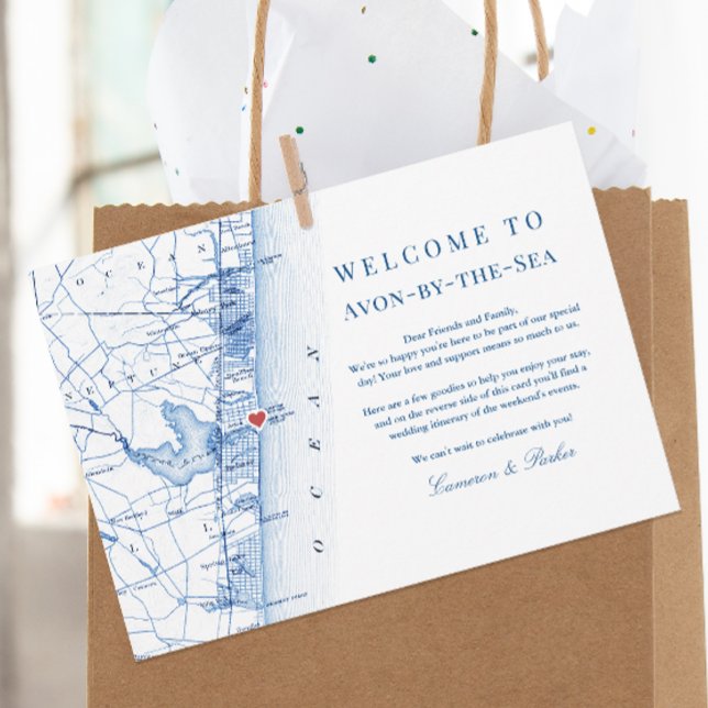 Cartão De Agradecimento Marinho Avon-by-the-sea NJ Bote Boas-vindas Itiner (Avon-by-the-sea NJ Map Wedding Welcome Letter and Weekend Events Itinerary in Elegant Navy Blue)