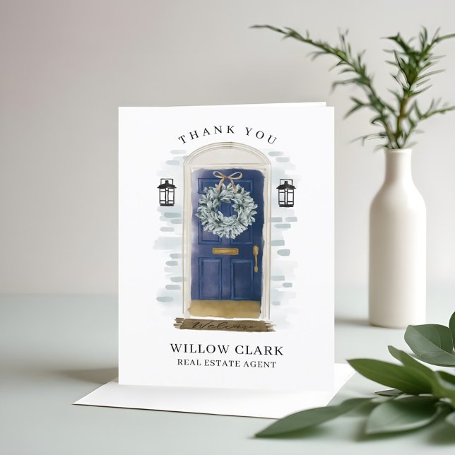 Cartão De Agradecimento Marinho Azul Água - Porta Frontal e Rua - Obrigado (Navy Blue Watercolor Front Door & Wreath Thank You)