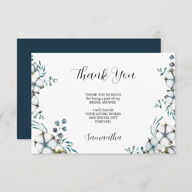 Cartão De Agradecimento Marinho azul Algodão flores eucalipto Chá de panel (Frente/Verso)