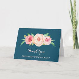 Cartão De Agradecimento Marinho Azul Blush Chá de fraldas Floral Cor-de-Ro