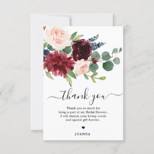 Cartão De Agradecimento Marinho Azul Blush Chá de panela Floral Borgonha
