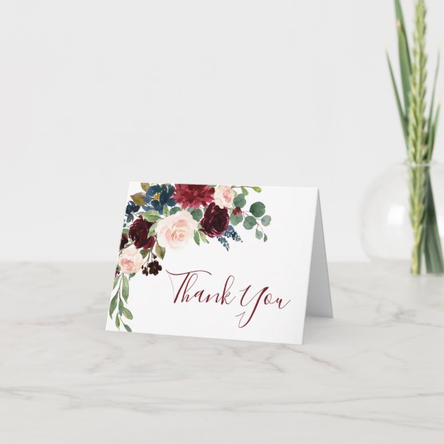Cartão De Agradecimento Marinho Azul Blush Floral Boho (Frente)