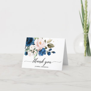 Cartão De Agradecimento Marinho Azul Blush Watercolor Chá de panela Floral