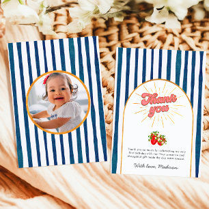 Cartão De Agradecimento Marinho Azul Dourado Foto de Aniversário Branco Mo