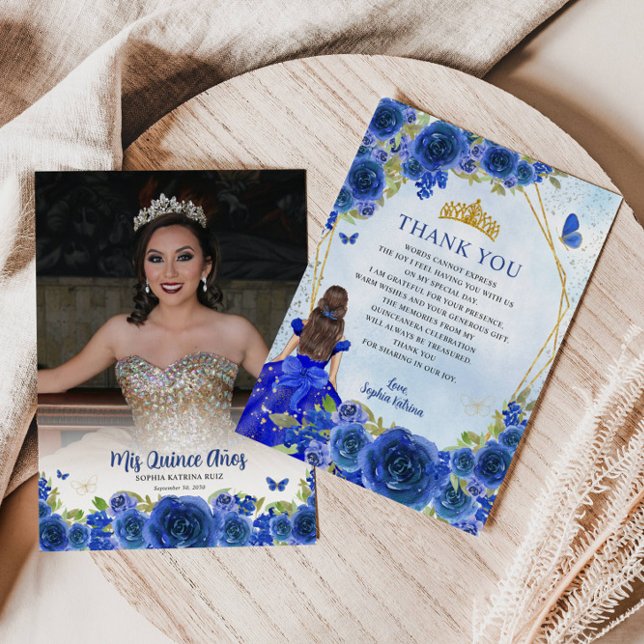 Cartão De Agradecimento Marinho Azul Dourado Princesa Floral Quinceañera F (Criador carregado)
