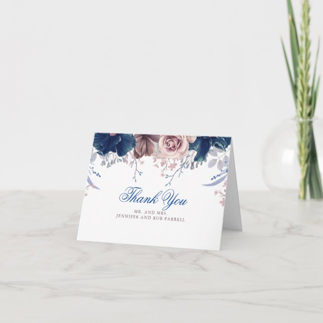 Cartão De Agradecimento Marinho Azul e Casamento Mauve Obrigado (Frente)