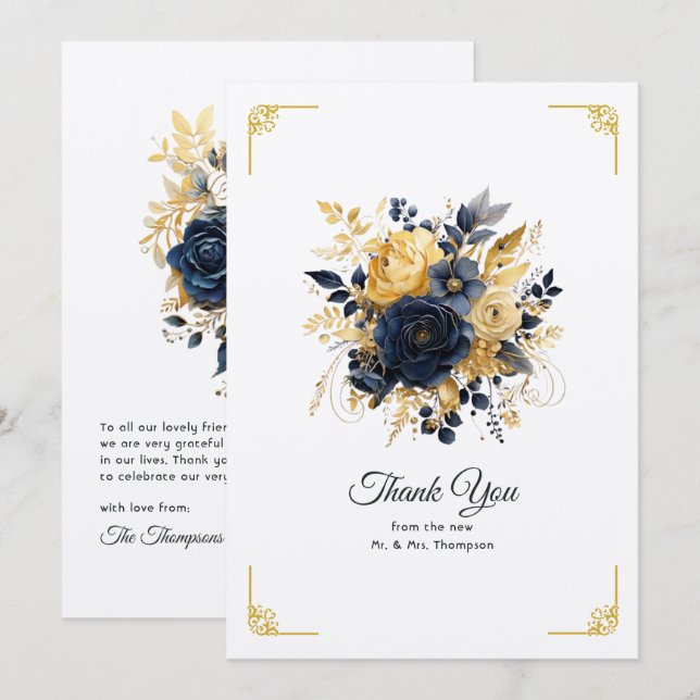 Cartão De Agradecimento Marinho Azul e Dourado Casamento Floral (Frente/Verso)