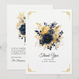 Cartão De Agradecimento Marinho Azul e Dourado Casamento Floral