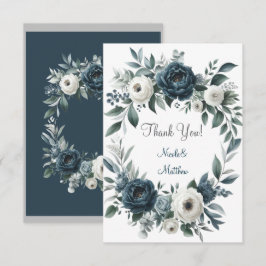 Cartão De Agradecimento Marinho Azul e Silver Ivory Floral Casamento